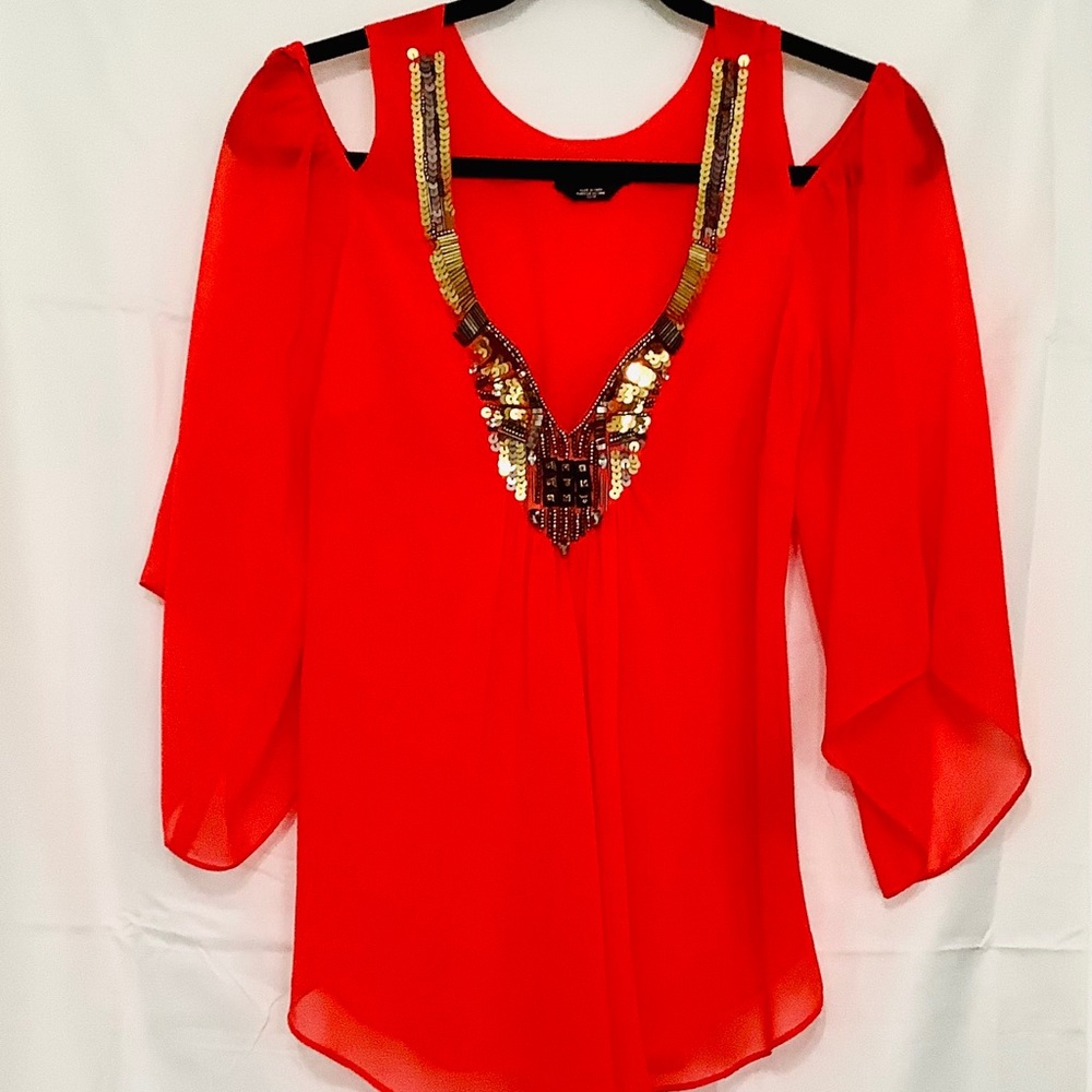 BeBe Vibrant Coral Open Shoulder Jewel Top